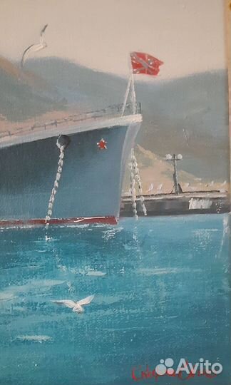 Картина масло подрамник крейсер море ручная работа