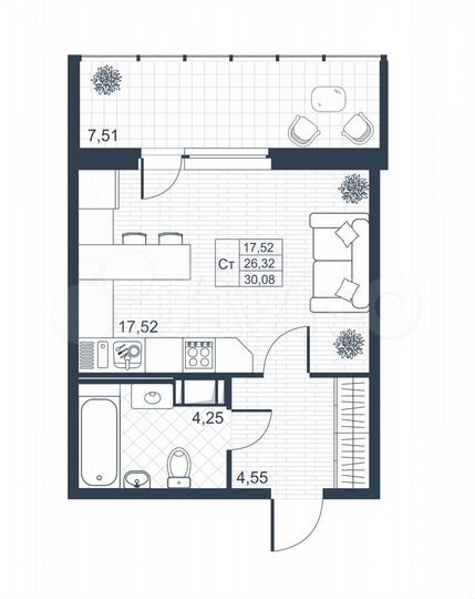 Квартира-студия, 30,1 м², 9/9 эт.