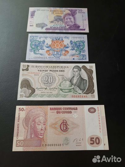Набор банкнот Колумбия, Бутан, Конго,Малави (UNC)