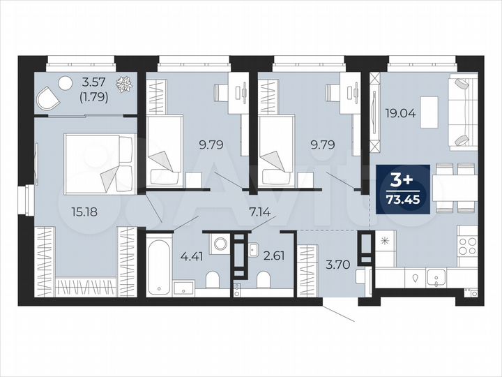 3-к. квартира, 73,5 м², 14/22 эт.