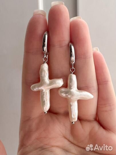 Серьги с жемчугом крест