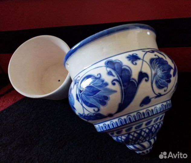 Подвесное кашпо с горшком, керамика роспись гжель