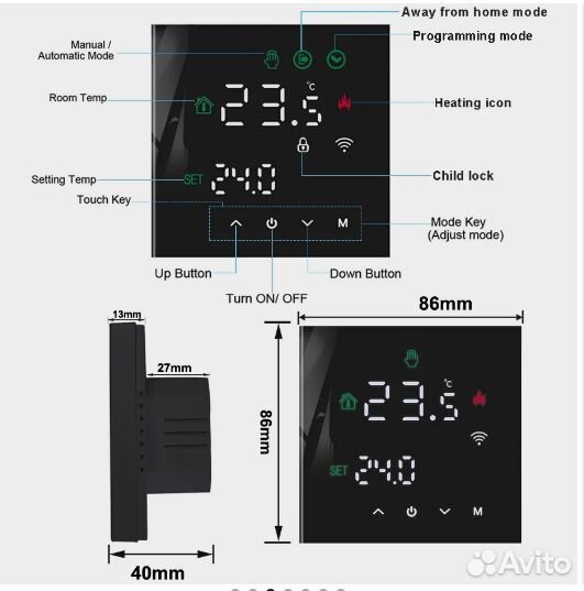 Терморегулятор сенсорный для теплого пола черный