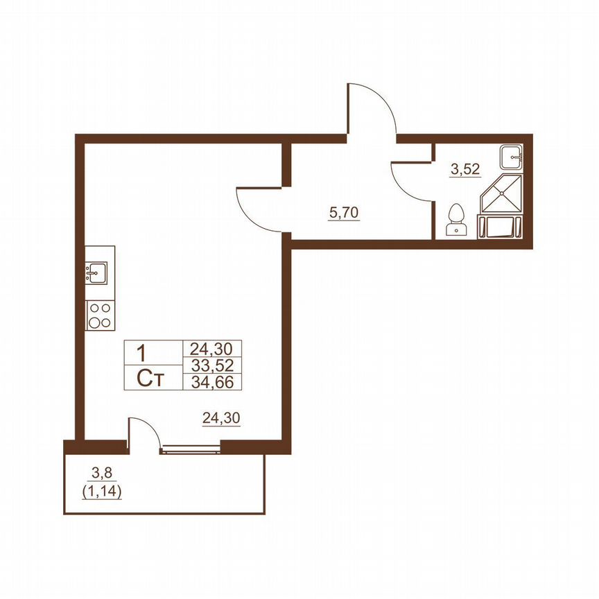 Квартира-студия, 34,7 м², 10/11 эт.