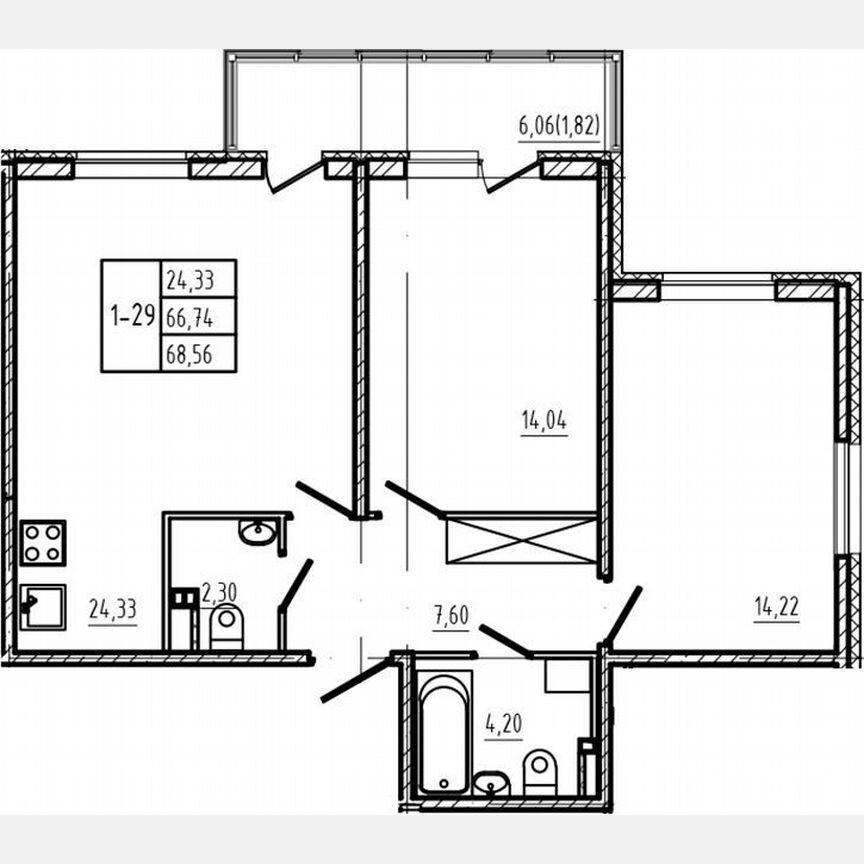 2-к. квартира, 66,7 м², 2/4 эт.