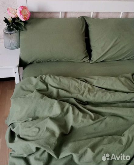 Комплекты лён Евро с кружевом, простыни лён Олива