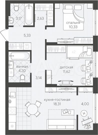 2-к. квартира, 62,7 м², 3/4 эт.