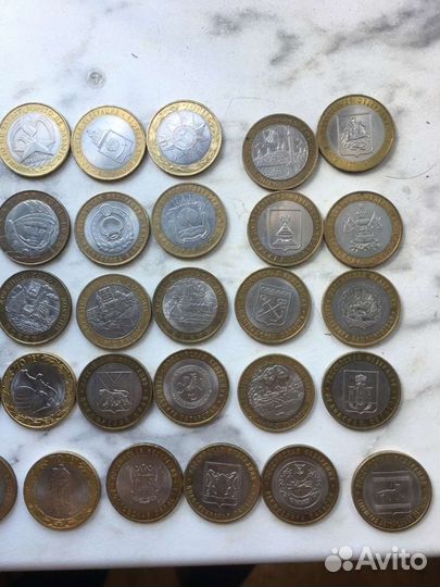 Юбилейные монеты 10 рублей, указаны наименования