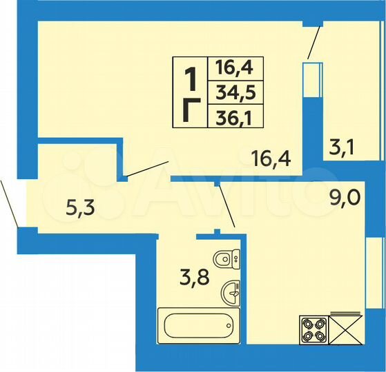 1-к. квартира, 36,1 м², 4/9 эт.