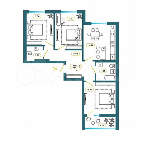 3-к. квартира, 78 м², 6/9 эт.