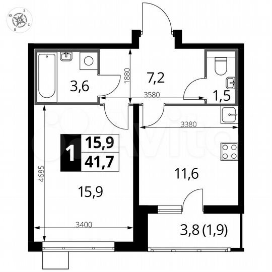1-к. квартира, 41,7 м², 5/22 эт.