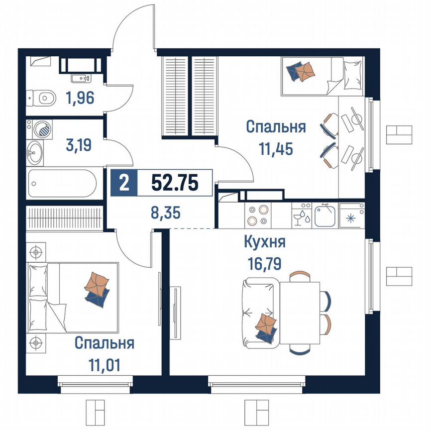 2-к. квартира, 52,8 м², 3/18 эт.