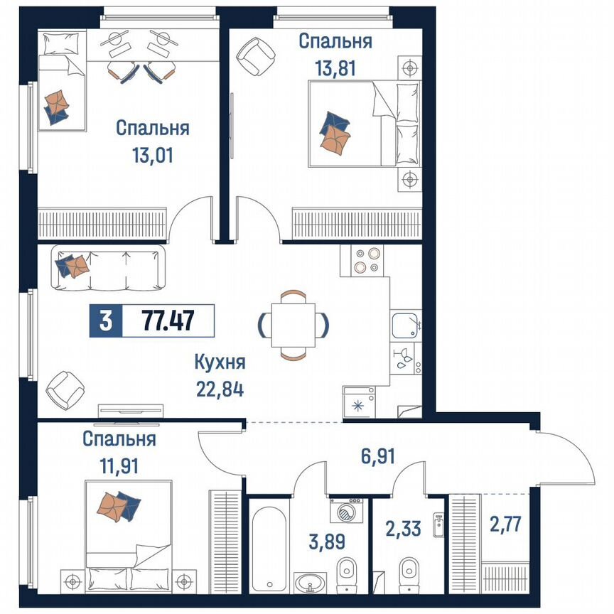 3-к. квартира, 77,5 м², 2/18 эт.