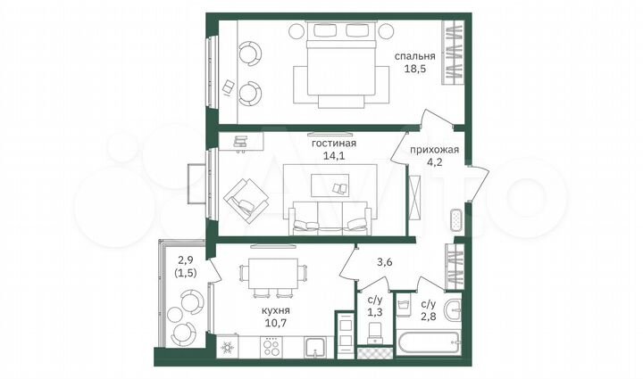 2-к. квартира, 56,7 м², 11/26 эт.