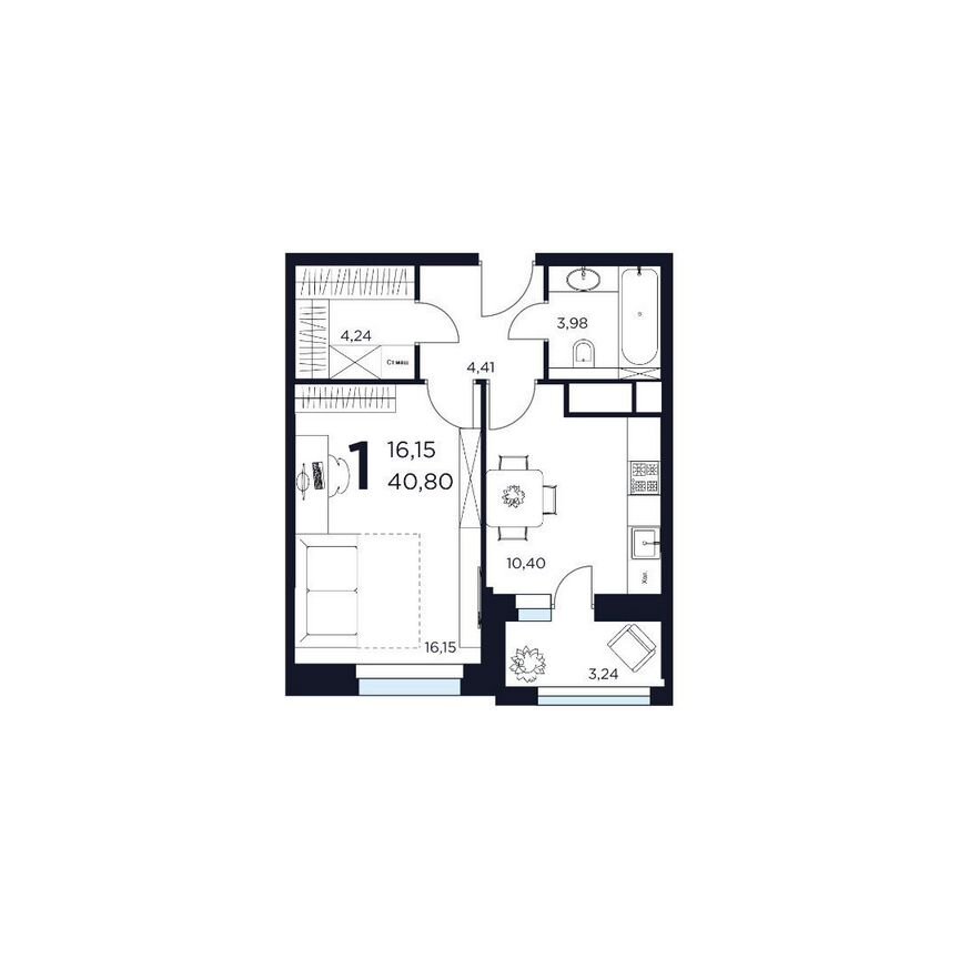 1-к. квартира, 40,8 м², 2/15 эт.
