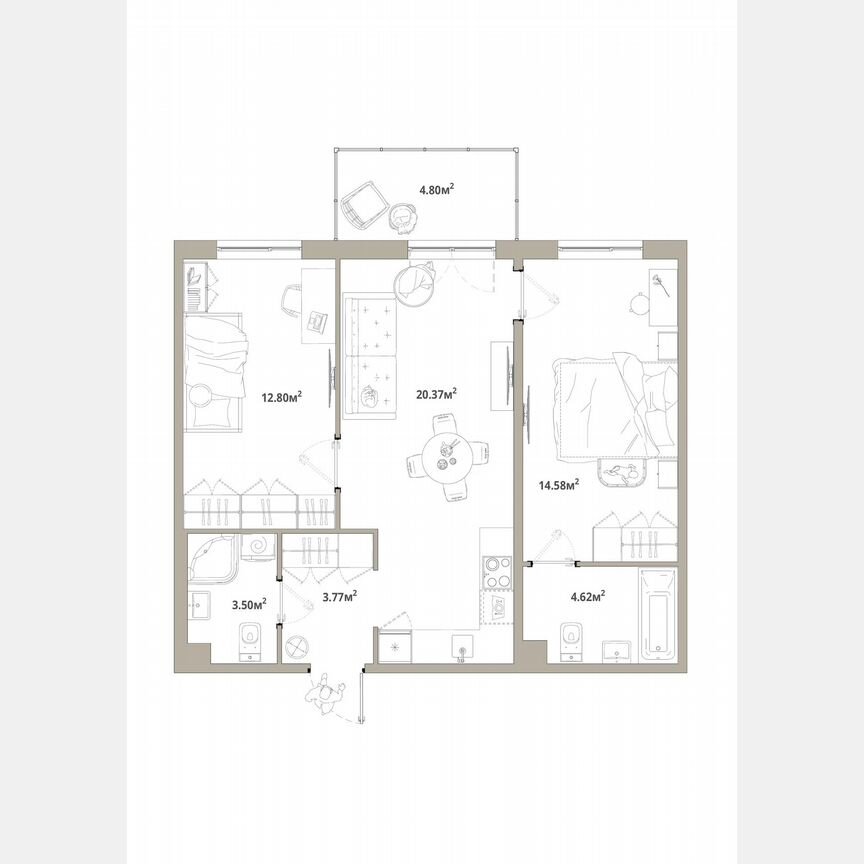 2-к. квартира, 61,1 м², 3/12 эт.