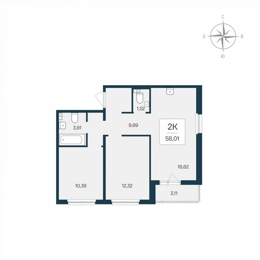 2-к. квартира, 58 м², 2/8 эт.