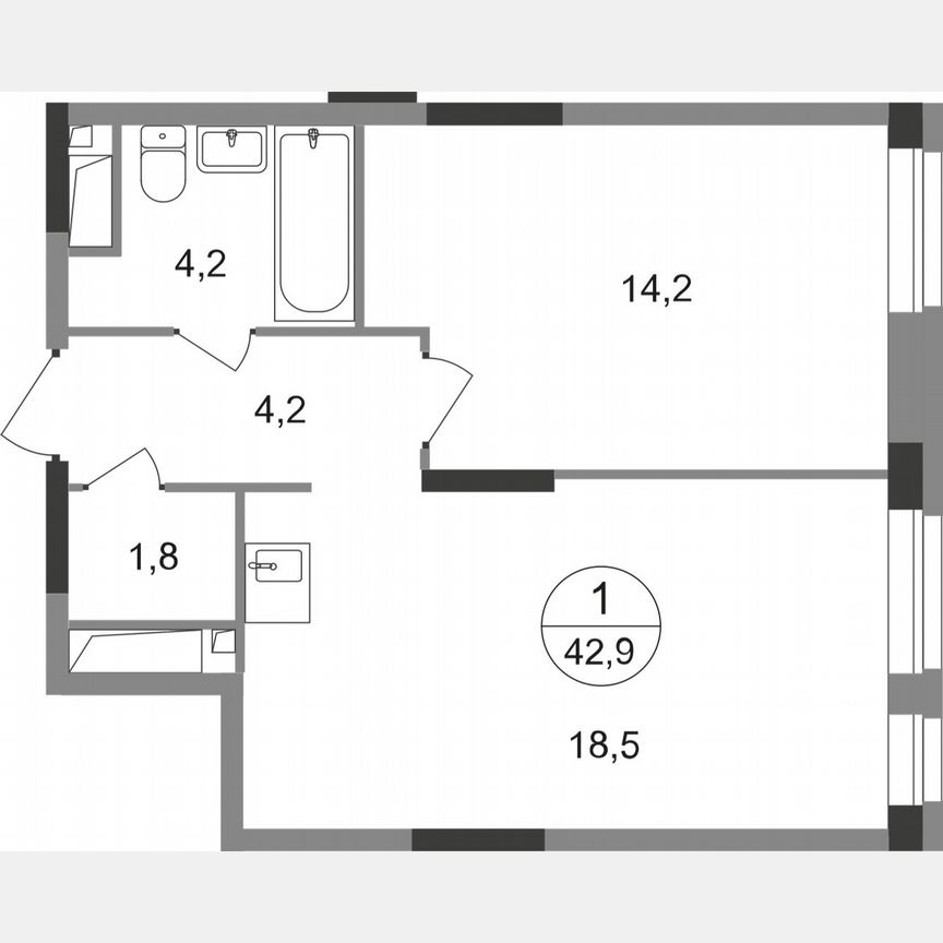 1-к. квартира, 42,9 м², 5/19 эт.