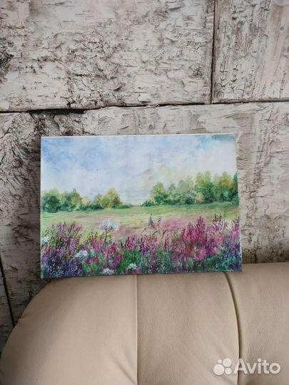 Картина акварелью. Летний пейзаж. Размер 30х40 см