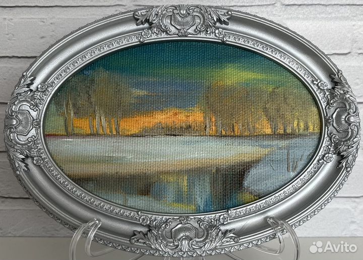 Картина маслом миниатюра в рамке Закат