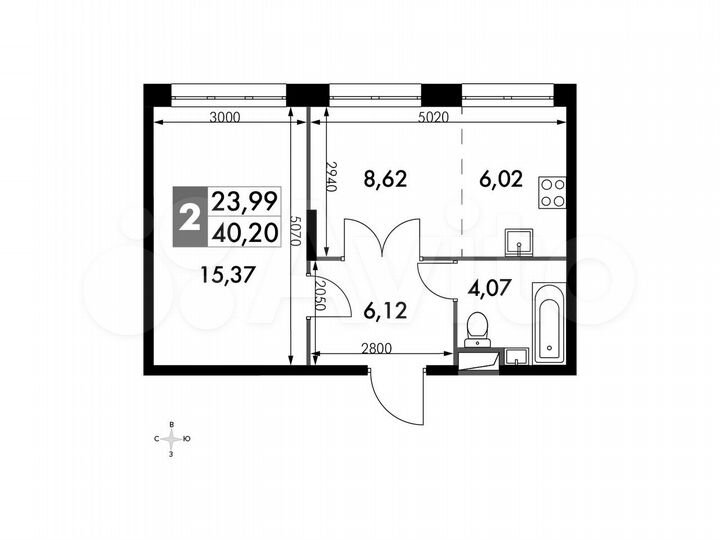 2-к. апартаменты, 40,2 м², 2/15 эт.