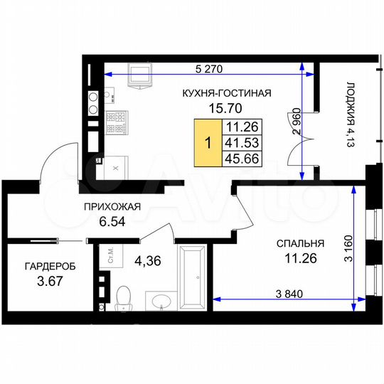 1-к. квартира, 45,7 м², 7/7 эт.