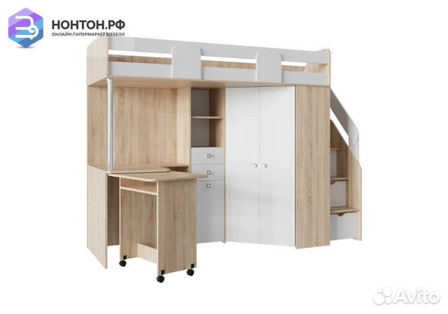 Кровать-чердак Мийа А дуб сонома светлый / белая ш
