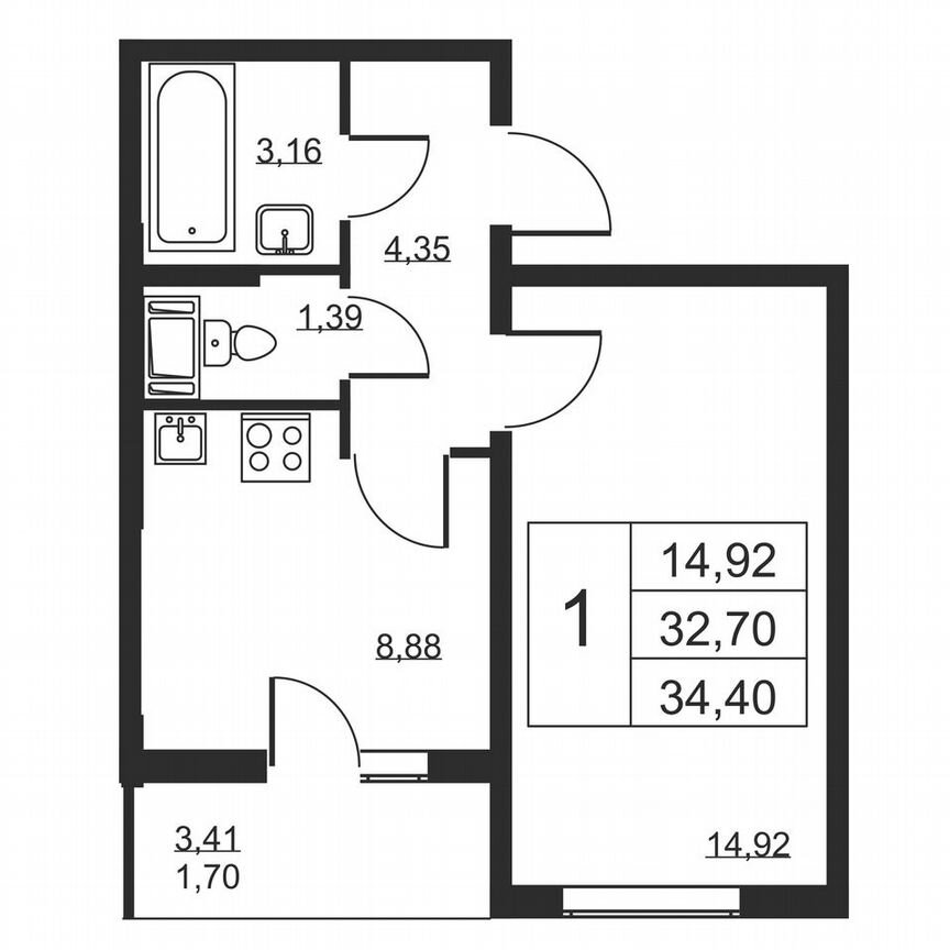 1-к. квартира, 34,4 м², 6/19 эт.