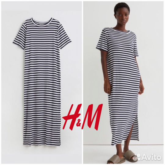 H&M Платье в полоску HM хлопковое длинное