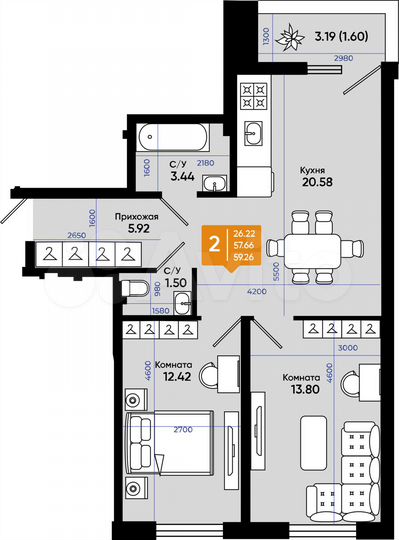 2-к. квартира, 58,3 м², 1/9 эт.