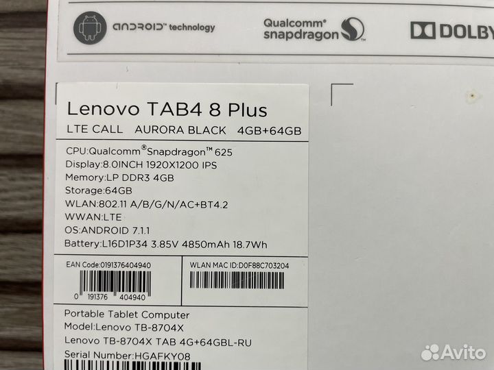Lenovo Tab4 8Plus (Snapdragon 625)