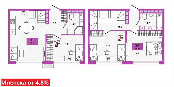 3-к. квартира, 86,9 м², 2/16 эт.