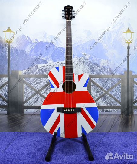 Акустическая гитара с принтом (новая) + аксессуары
