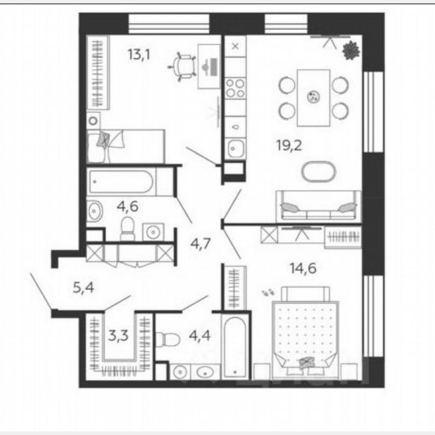 2-к. квартира, 69,3 м², 2/6 эт.