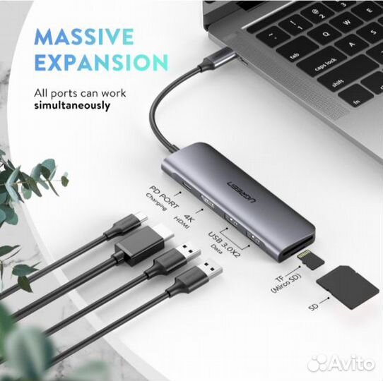 Ugreen. USB концентратор 6 в 1 (хаб), hdmi, 2 x US