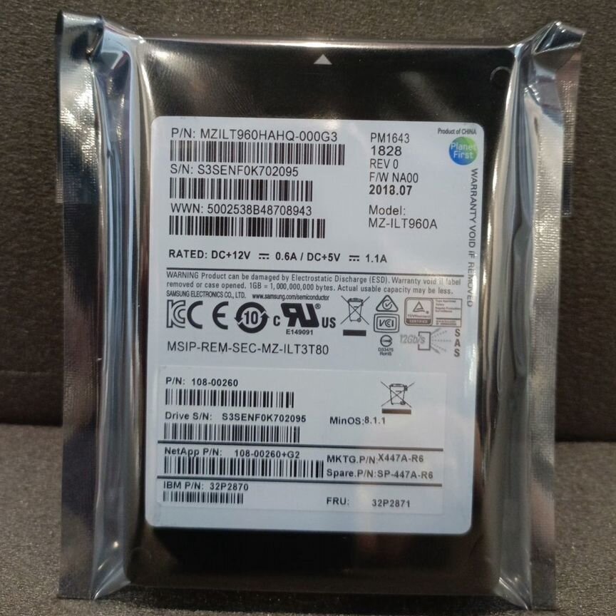 [PM1643] Ssd Samsung Mzilt960hahq 960 Гб Netapp Pm1643