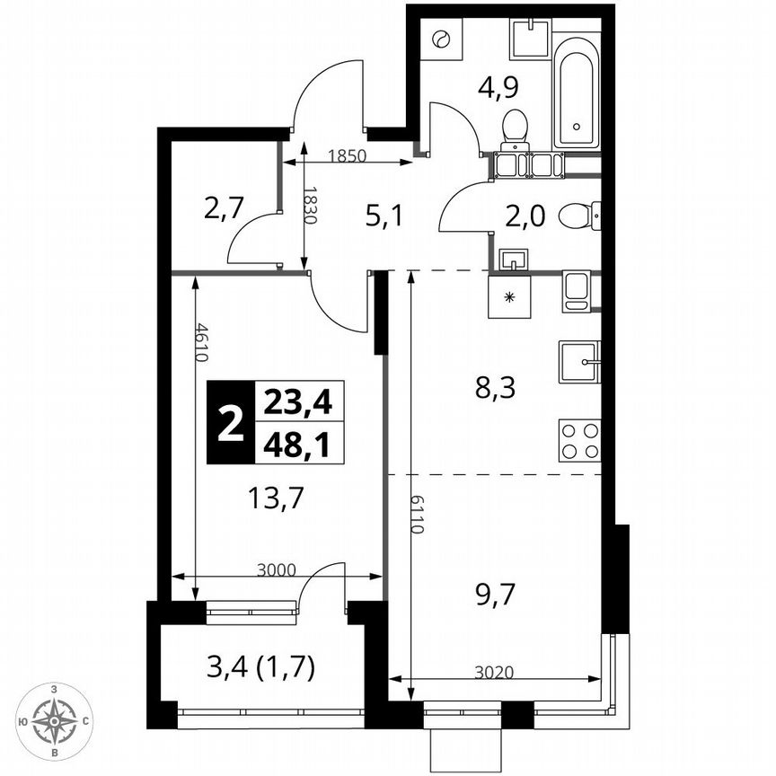 2-к. квартира, 48,1 м², 6/25 эт.
