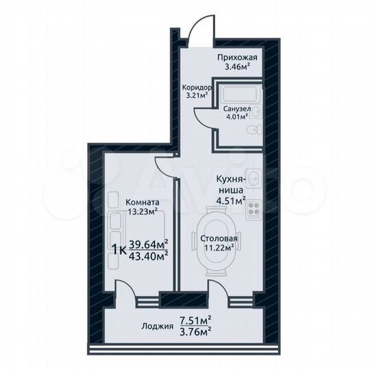 1-к. квартира, 43,4 м², 7/10 эт.