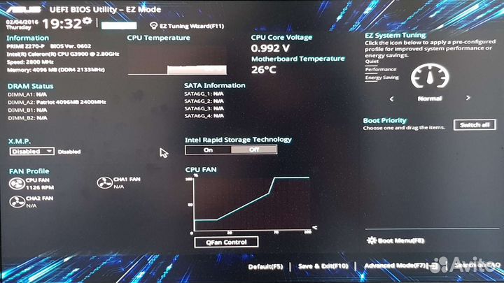 Материнская плата z270-p +Celeron G3900 +4gb ddr4