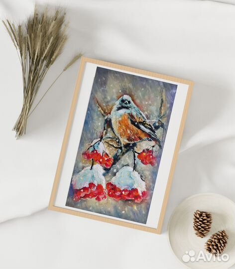 Картина маслом Зима Птичка на ветке рябины