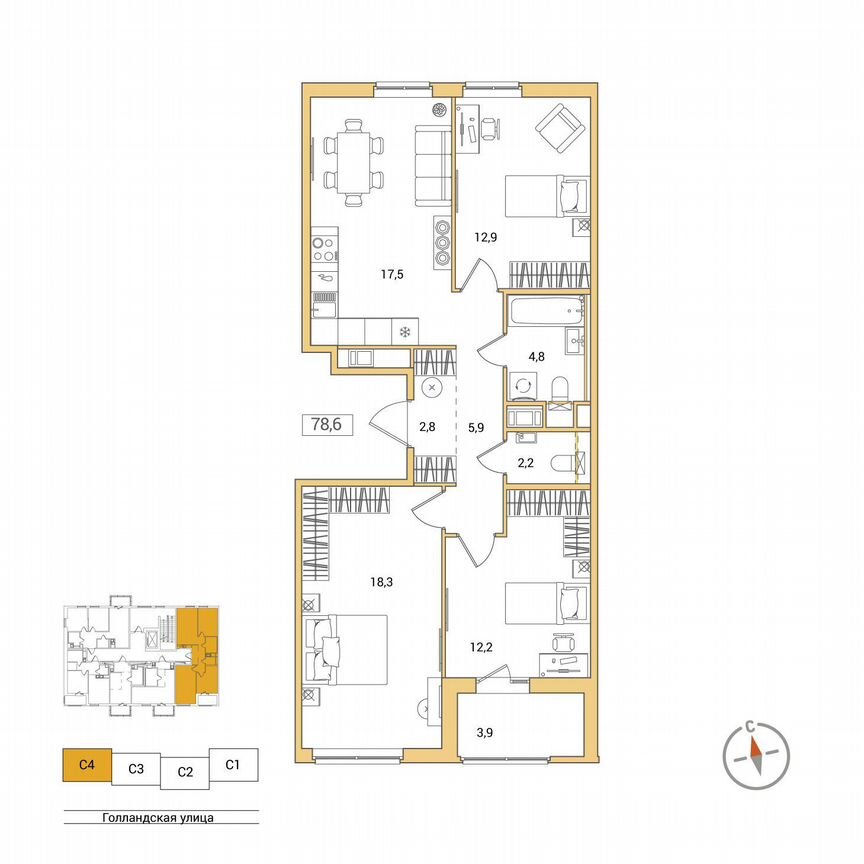 3-к. квартира, 78,6 м², 3/11 эт.
