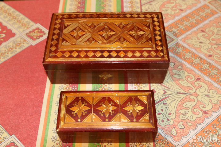 Шкатулки деревянные с инкрустацией соломкой СССР