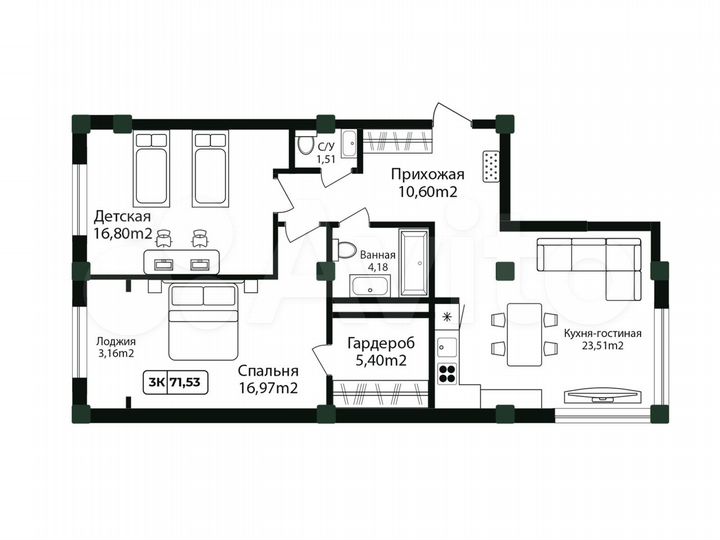 3-к. квартира, 71,5 м², 11/12 эт.