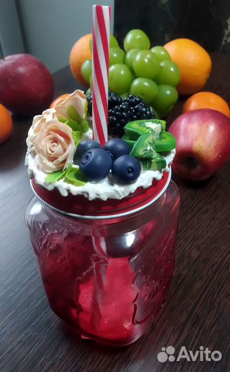 Банка с трубочкой 450мл. с декором из полимерной г