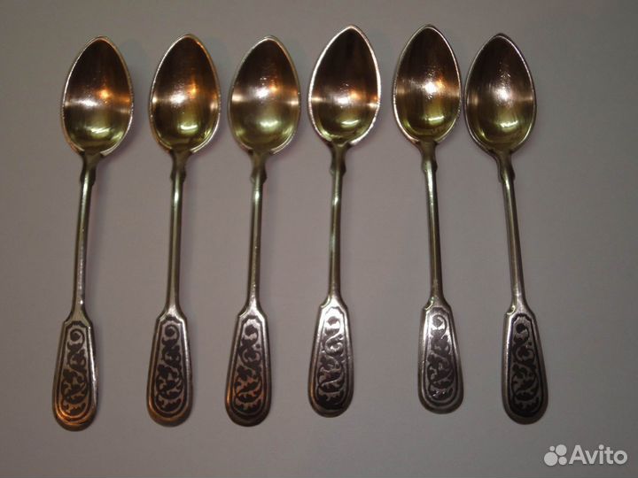 Ложки чайные серебряные позолота, чернь