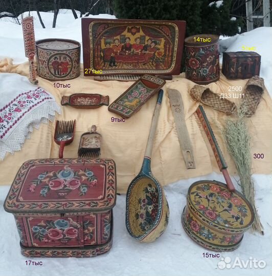 Старинные расписные лубяной короб рубель ларец