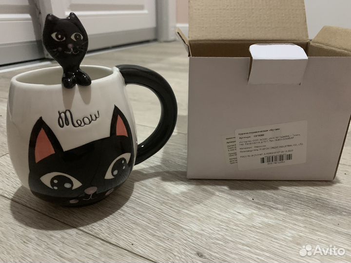 Кружка с ложкой киска керамика