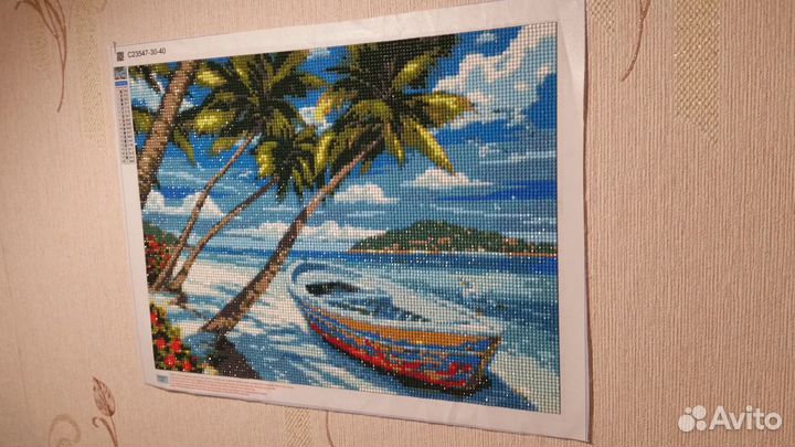 Картина Пляж лодка пальмы Алмазная мозаика