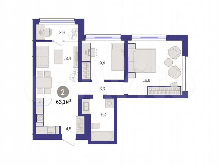 2-к. квартира, 63,1 м², 4/8 эт.