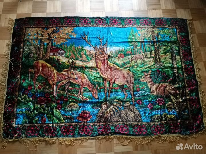 Плюшевый ковёр СССР. Советский ковёр с оленями. 1